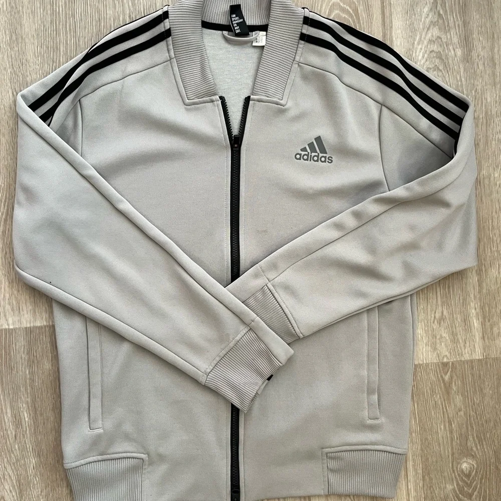 Adidas Men's Gray Zip-Up Sweater with Black Stripes